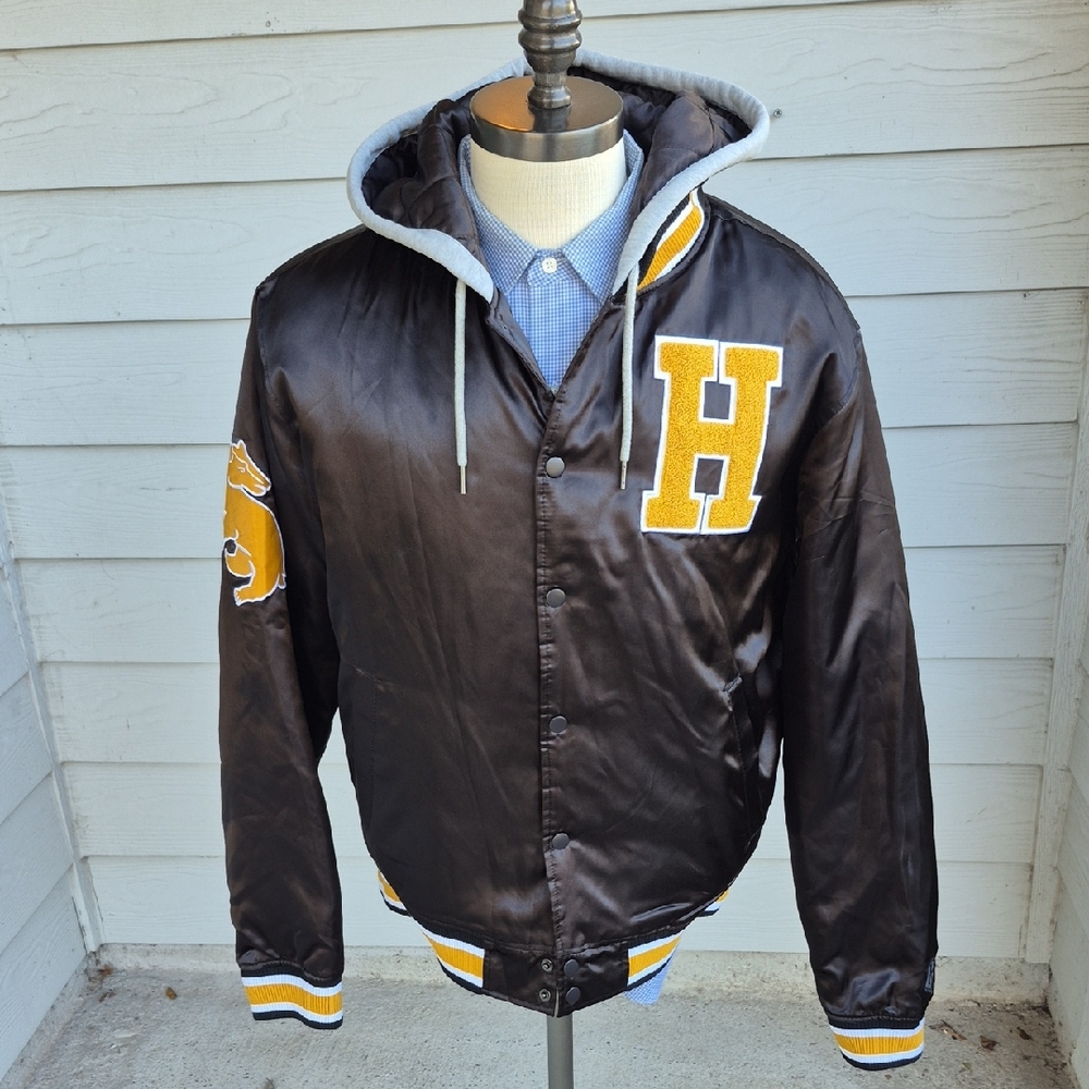 HARRY POTTER x Hufflepuff Brown Satin Poly Medium Mens Hooded Varsity‎ Jacket